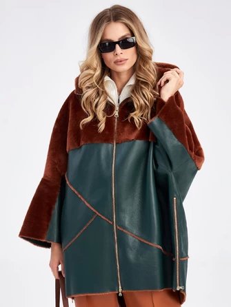 Комбинированная женская куртка из меховой овчины с капюшоном премиум класса 2043-0