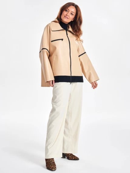 Кожаная куртка оверсайз на резинке для женщин премиум класса 3031, бежевая, размер 48, артикул 24120-3