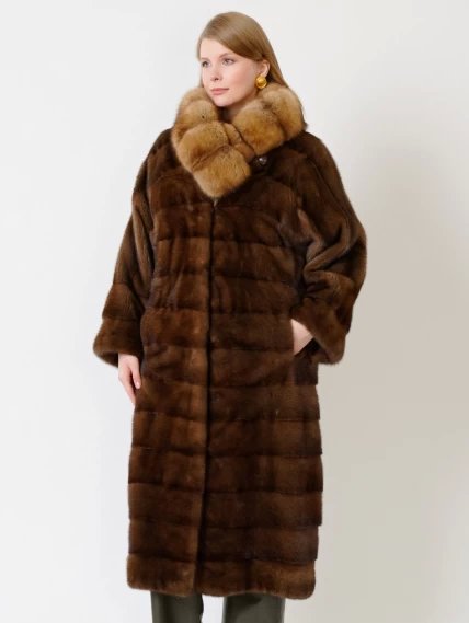 Демисезонный комплект женский: Пальто из меха норки с соболем 1150(вс) + Брюки 06, коричневый/оливковый, размер 52, артикул 111225-4
