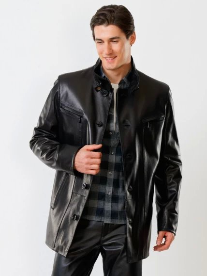 Утепленная удлиненная мужская кожаная куртка 517нв, черная, размер 56, артикул 28620-1