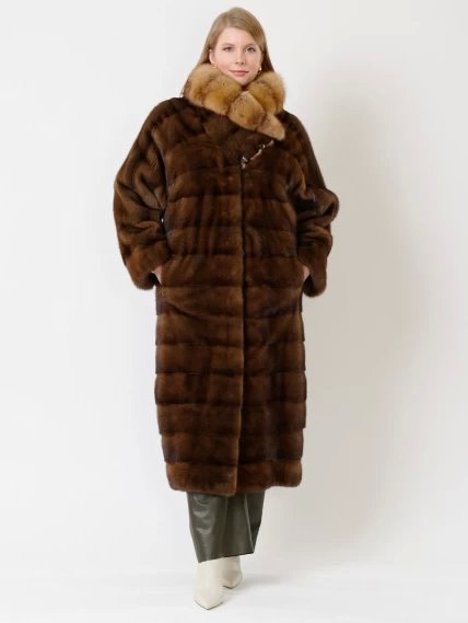 Демисезонный комплект женский: Пальто из меха норки с соболем 1150(вс) + Брюки 06, коричневый/оливковый, размер 52, артикул 111225-5