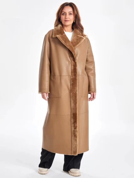 Двустороннее женское пальто из меховой овчины премиум класса 2030, коричневое, размер 46, артикул 63290-6