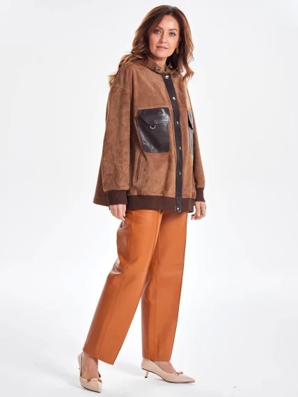 Удлиненная замшевая женская куртка бомбер с капюшоном премиум класса 3067з, светло-коричневая, размер 44, артикул 23820-5