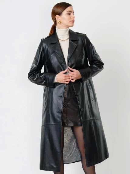 Классический кожаный женский плащ с поясом 3010, черный, размер 46, артикул 91500-2