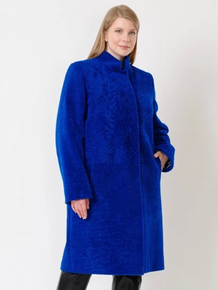 Демисезонный комплект женский: Пальто из астрагана 54мех + Брюки 03, синий/черный, размер 46, артикул 111239-3