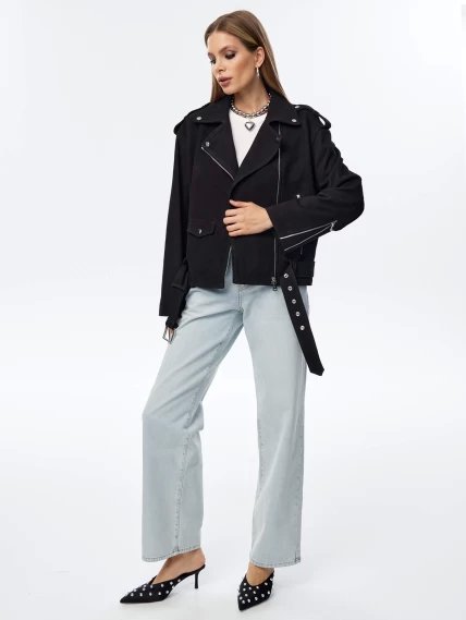 Короткая женская кожаная куртка косуха с поясом премиум класса 3052, черная, размер 44, артикул 23950-1