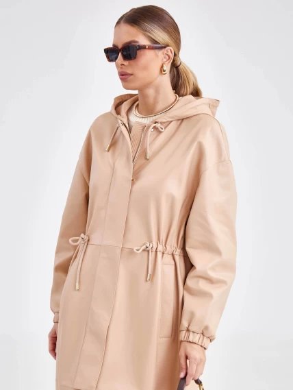 Женское кожаное пальто с капюшоном на молнии премиум класса 3033, бежевое, размер 44, артикул 63470-1