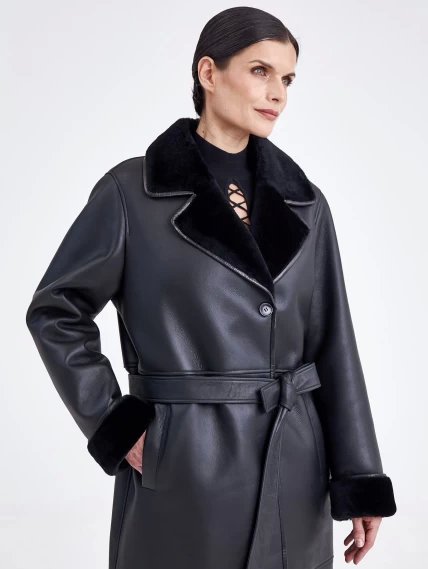 Классическое пальто из натуральной овчины с поясом премиум класса для женщин 2009, черное, размер 46, артикул 63730-1