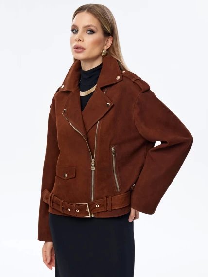 Короткая женская кожаная куртка косуха с поясом премиум класса 3052, виски, размер 44, артикул 23960-4