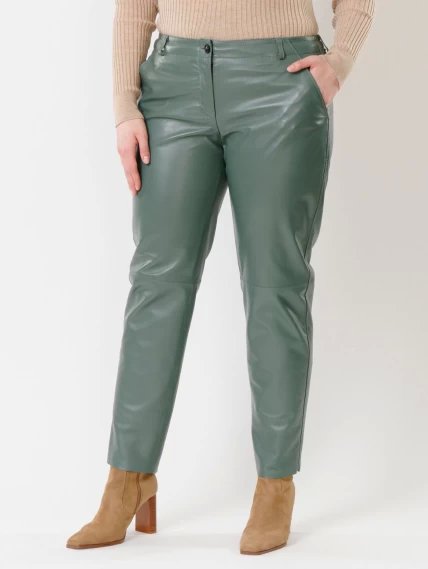 Кожаные зауженные женские брюки из натуральной кожи 03, оливковые, размер 44, артикул 85381-4