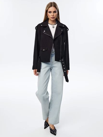 Короткая женская кожаная куртка косуха с поясом премиум класса 3052, черная, размер 44, артикул 23950-6