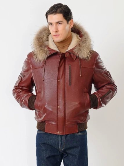 Кожаная мужская куртка аляска утепленная с мехом енота 509, виски, размер 48, артикул 40251-5