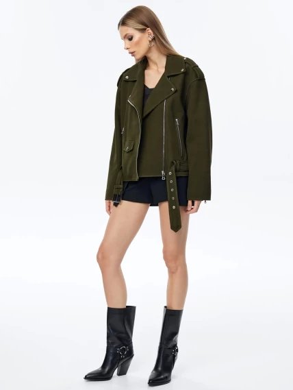 Короткая женская кожаная куртка косуха с поясом премиум класса 3052, хаки, размер 44, артикул 23970-1