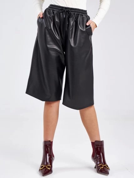 Кожаные шорты женские на резинке из натуральной кожи премиум класса 02, черные, размер 44, артикул 85950-3