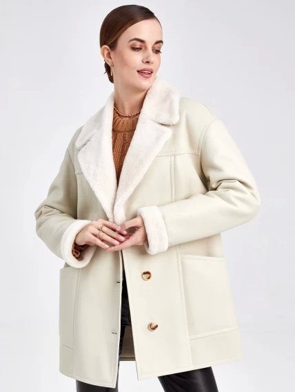 Женская куртка пиджак из меховой овчины с поясом премиум класса 2011, белая, размер 48, артикул 63600-1