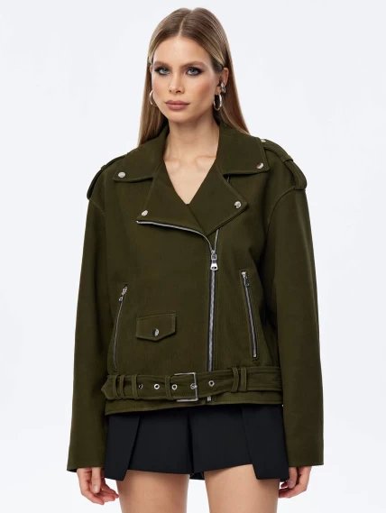 Короткая женская кожаная куртка косуха с поясом премиум класса 3052, хаки, размер 44, артикул 23970-6