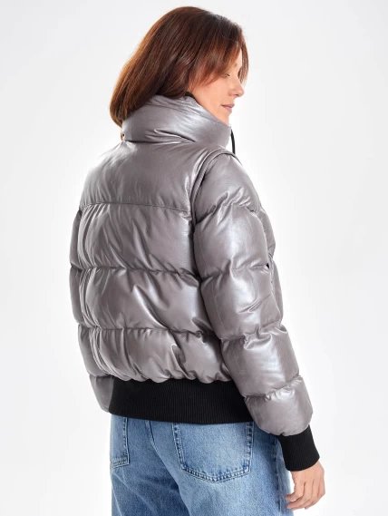 Утепленная стеганная кожаная куртка бомбер премиум класса для женщин 3074, серая, размер 44, артикул 23900-6