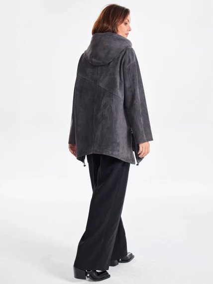 Замшевый женский плащ оверсайз на молнии с капюшоном премиум класса 3053з, темно-серый, размер 52, артикул 23480-4