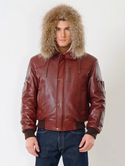 Кожаная мужская куртка аляска утепленная с мехом енота 509, виски, размер 48, артикул 40251-2