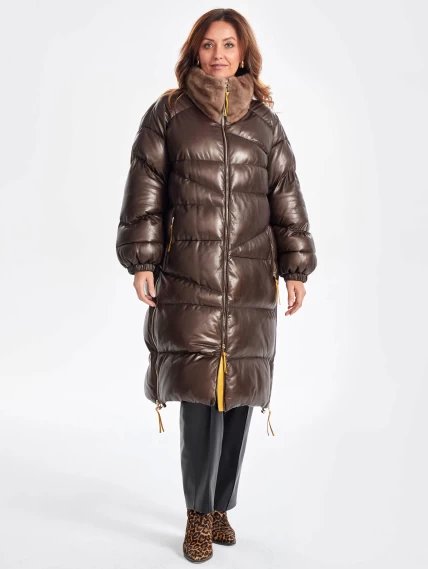 Cтеганное женское кожаное пальто с норковым воротником премиум класса 3073, коричневое, размер 50, артикул 63340-5