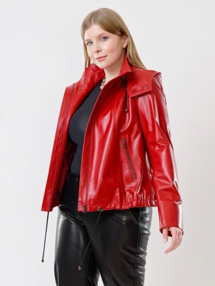 Кожаная женская куртка бомбер с капюшоном 305, красная, размер 48, артикул 91440-0