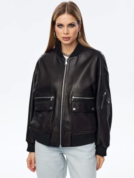 Короткая кожаная куртка бомбер для женщин премиум класса 3064, черная, размер 44, артикул 24040-4