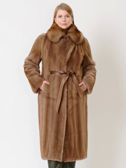 Зимний комплект женский: Пальто из меха норки 19009ав + Брюки 06, пастельный/оливковый, размер 52, артикул 111194-4