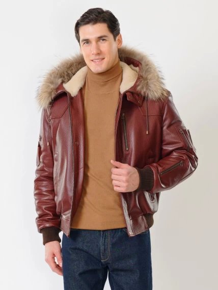 Кожаная мужская куртка аляска утепленная с мехом енота 509, виски, размер 48, артикул 40251-1