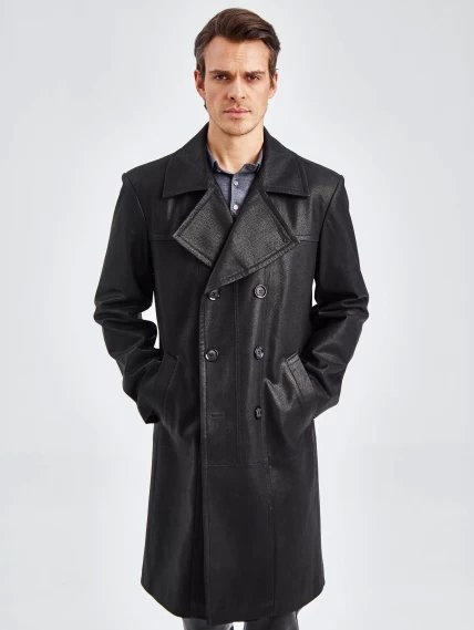 Двубортный мужской кожаный плащ премиум класса Чикаго, черный, размер 52, артикул 21120-1