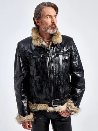 Зимняя мужская кожаная куртка из кожи морского угря на подкладке из меха лисицы ZE/F-7980-0