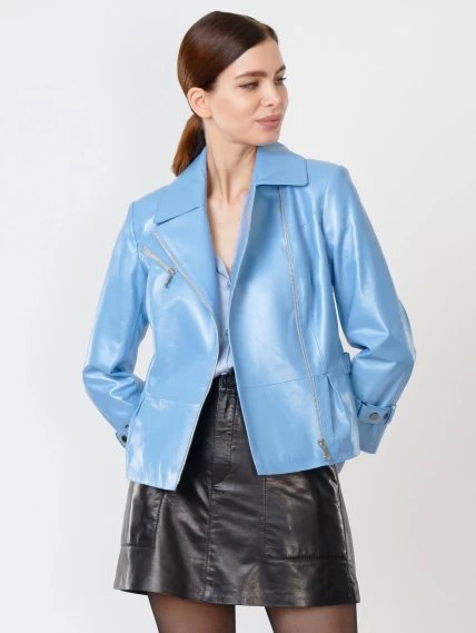 Кожаный комплект женский: Куртка 307 + Юбка 03, голубой перламутр/черный, размер 44, артикул 111216-4