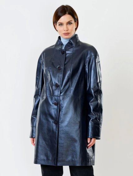 Кожаное пальто женское 378, синий перламутр, размер 48, артикул 91130-6