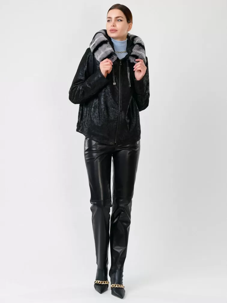 Замшевая утепленная куртка женская 308ш, с мехом "рекса", черная, р. 46, арт. 90722-3