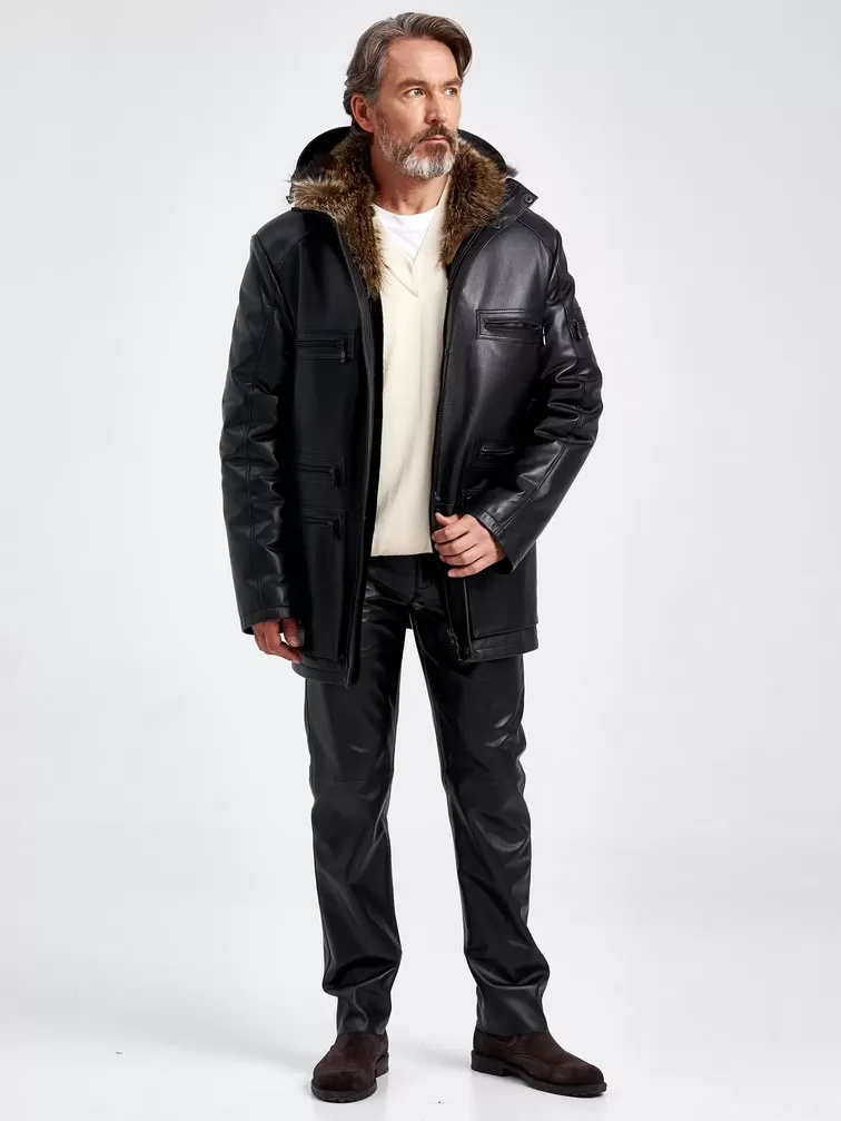 Кожаная куртка зимняя премиум класса мужская 513мех, на подкладке из овчины, черная, p. 54, арт. 41740-5