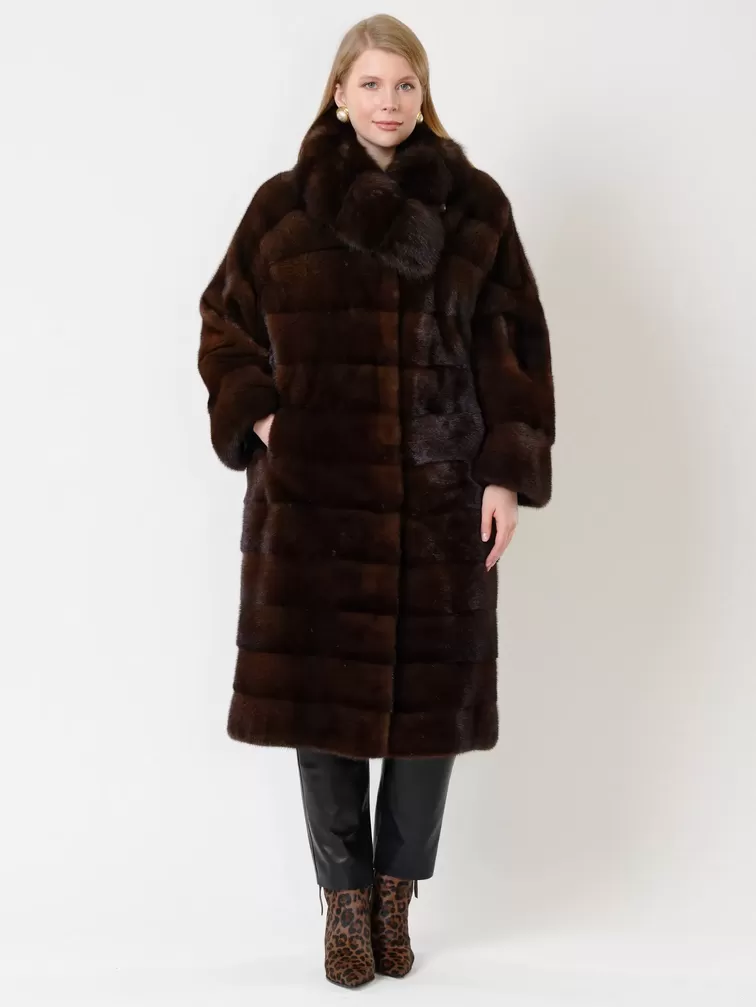 Зимний комплект: Пальто из меха норки с соболем 1150в + Брюки женские 03, коричневый/черный, р. 52, арт. 111273-1