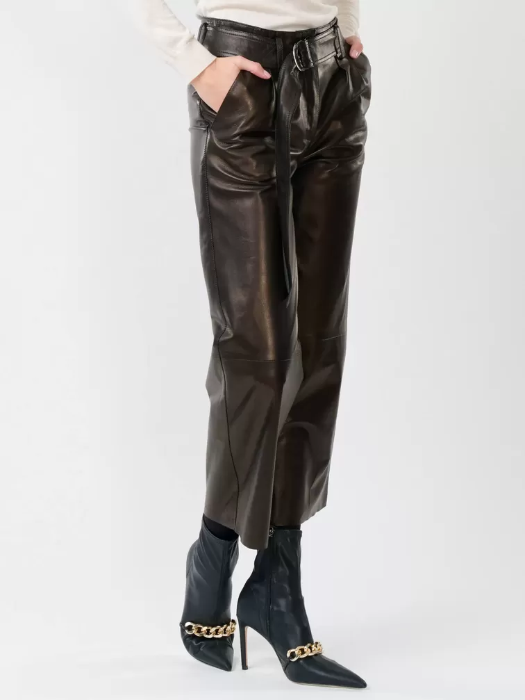 Кожаные укороченные брюки женские 05, из натуральной кожи, черные, р. 44, арт. 85251-6