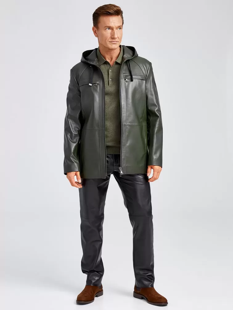 Кожаная куртка премиум класса мужская 552, с капюшоном, оливковая, р. 48, арт. 28892-5