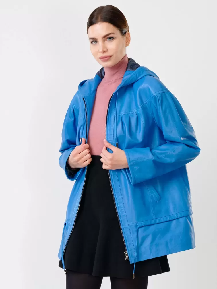Кожаная куртка женская 303у, с капюшоном, голубая, р. 48, арт. 90690-0