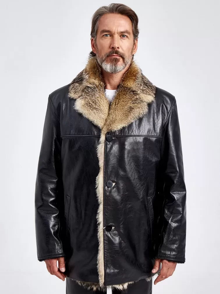 Кожаная куртка зимняя мужская Делон 1, на подкладке из меха лисицы, черная, p. 52, арт. 40770-6