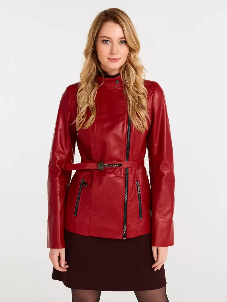 Кожаная куртка женская 320нв, с поясом, красная, р. 42, арт. 90620-0