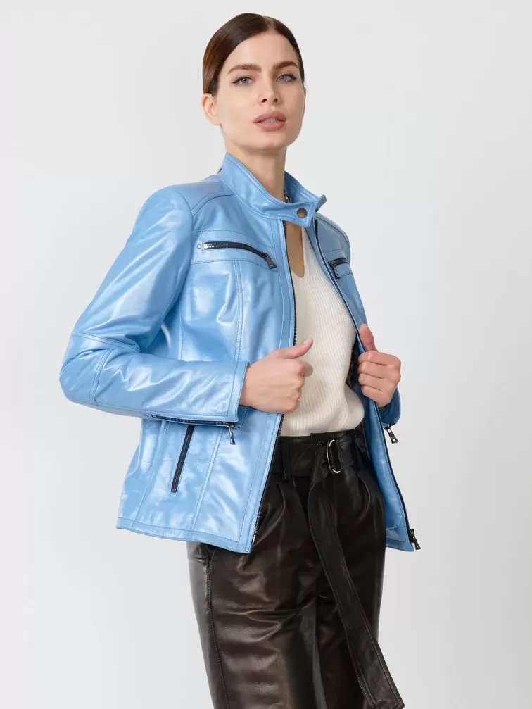 Кожаный комплект: Куртка женская 301 + Брюки женские 05, голубой перламутр/черный, р. 44, арт. 111167-4