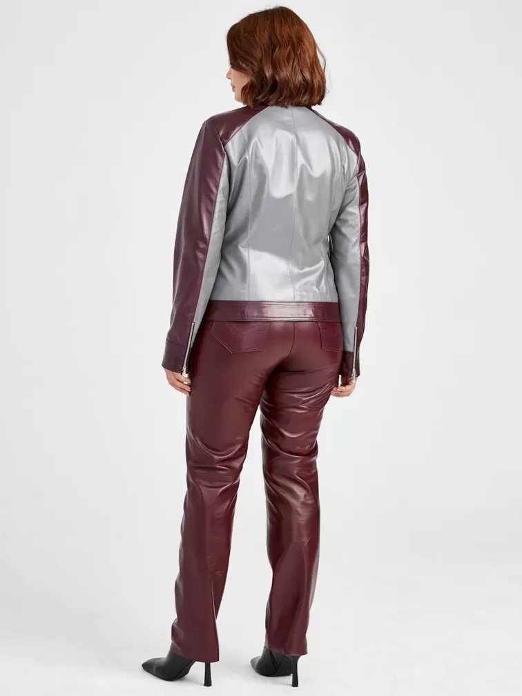 Кожаный комплект: Куртка женская 341 + Брюки женские 02, серый/бордовый, р. 42, арт. 111170-2