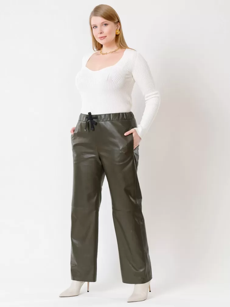 Кожаные широкие брюки женские 06, из натуральной кожи, оливковые, р. 48, арт. 85510-0