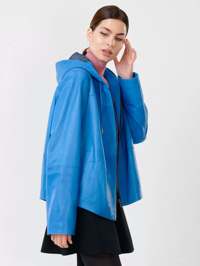 Кожаная куртка женская 308рc, с капюшоном, голубая, р. 46, арт. 91140-1