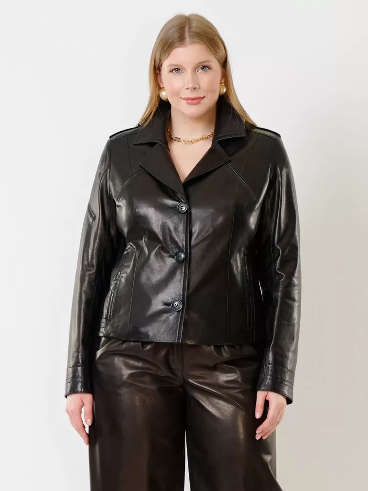 Кожаная куртка женская 304, на пуговицах, черная, р. 44, арт. 91213-2