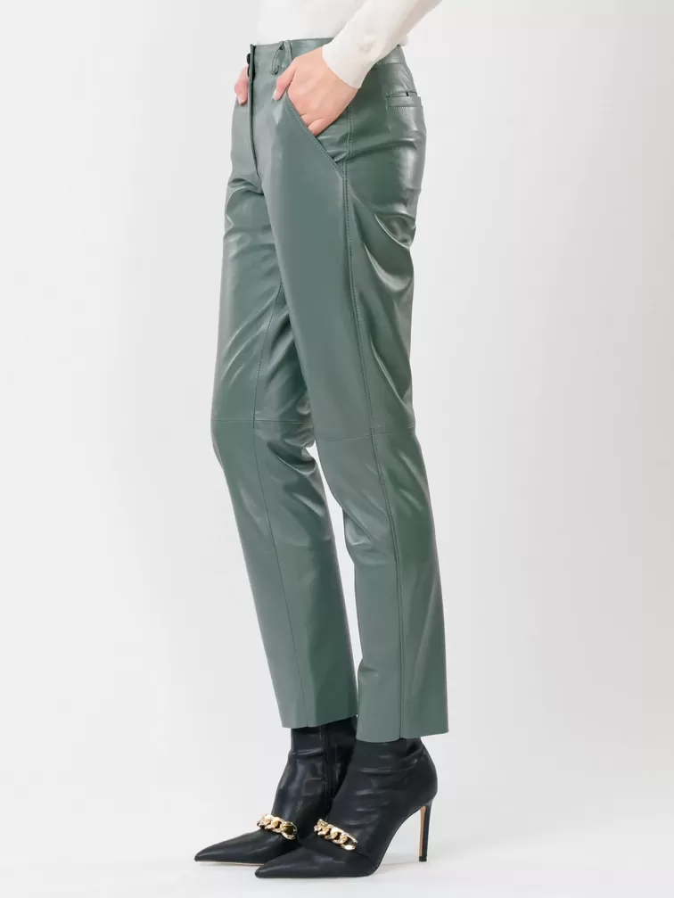 Кожаные зауженные брюки женские 03, из натуральной кожи, оливковые, р. 54, арт. 85260-5