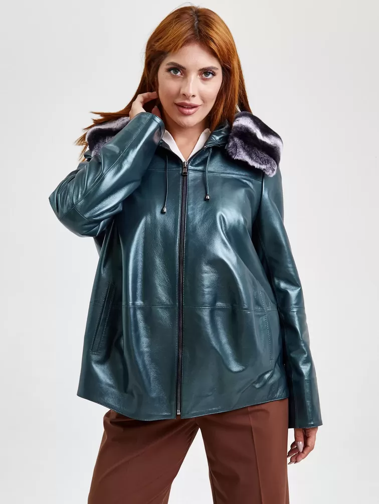 Кожаная утепленная куртка женская 308ш (у), с капюшоном, с мехом "рекса", зеленый, р. 48, арт. 91751-0