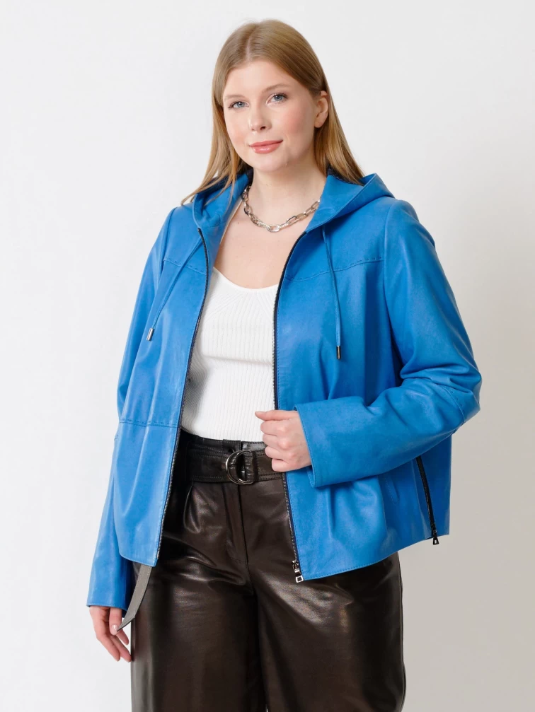 Женская кожаная куртка с капюшоном 308рс, голубая, размер 54, артикул 91221-0