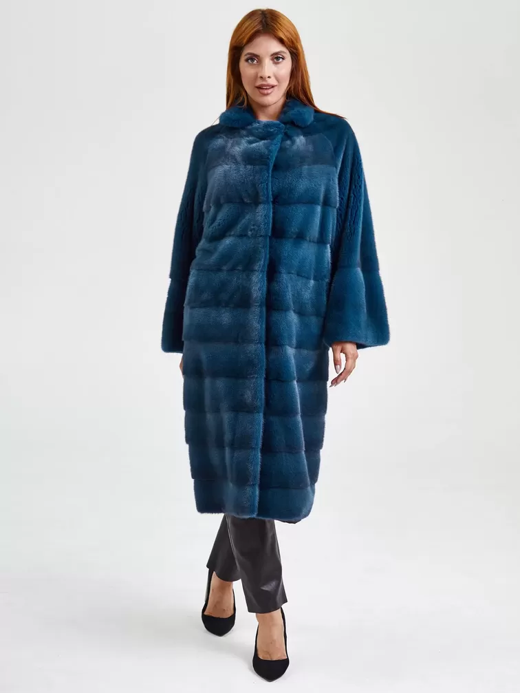 Пальто из меха норки женское 18А182(ав), длинное, синее, р. 44, арт. 33070-0