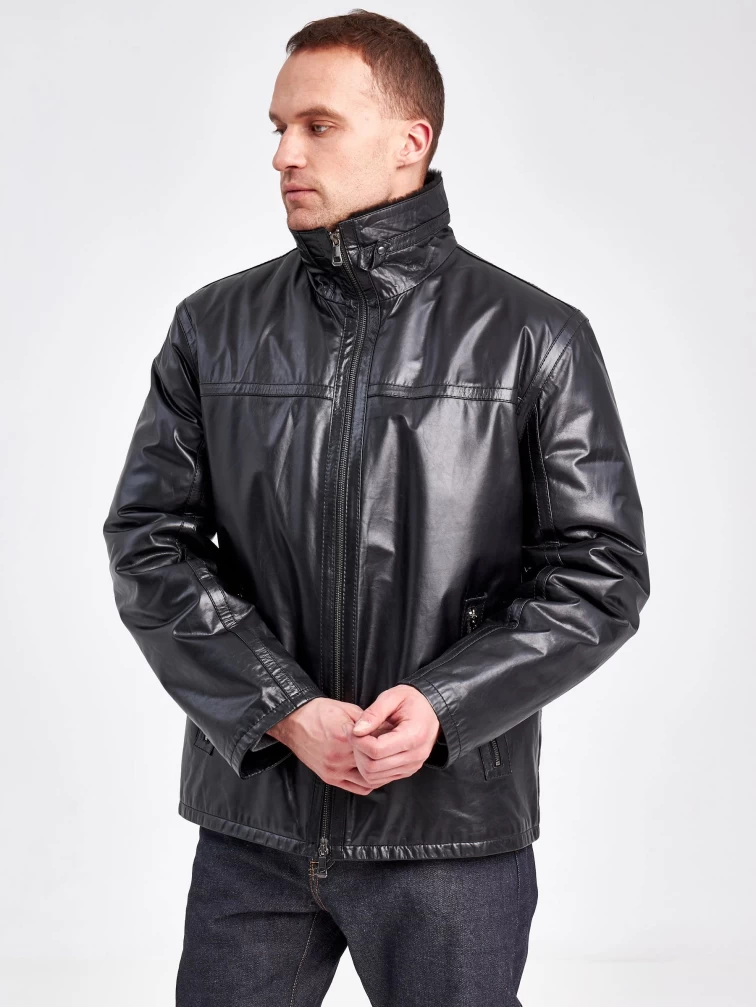 Кожаная зимняя мужская куртка на подкладке из овчины 5216, черная, размер 46, артикул 23130-0